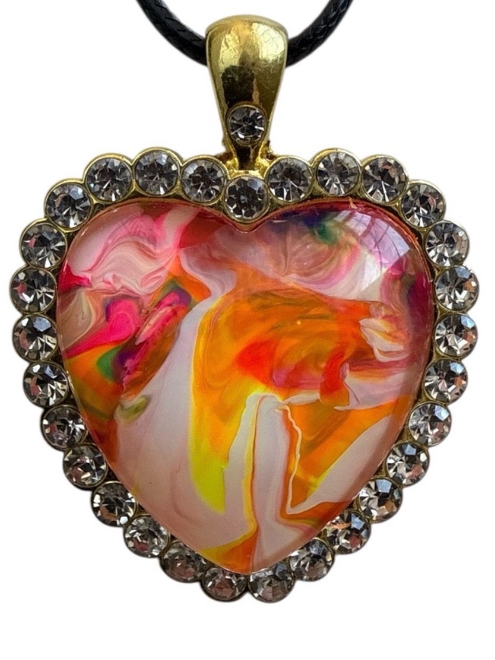 Hand Crafted Necklace Pink Orange Fluid Art Heart Pendant by Svetlana Yeung
